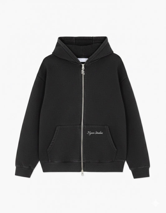 Washed Black 500GSM Zip Hoodie